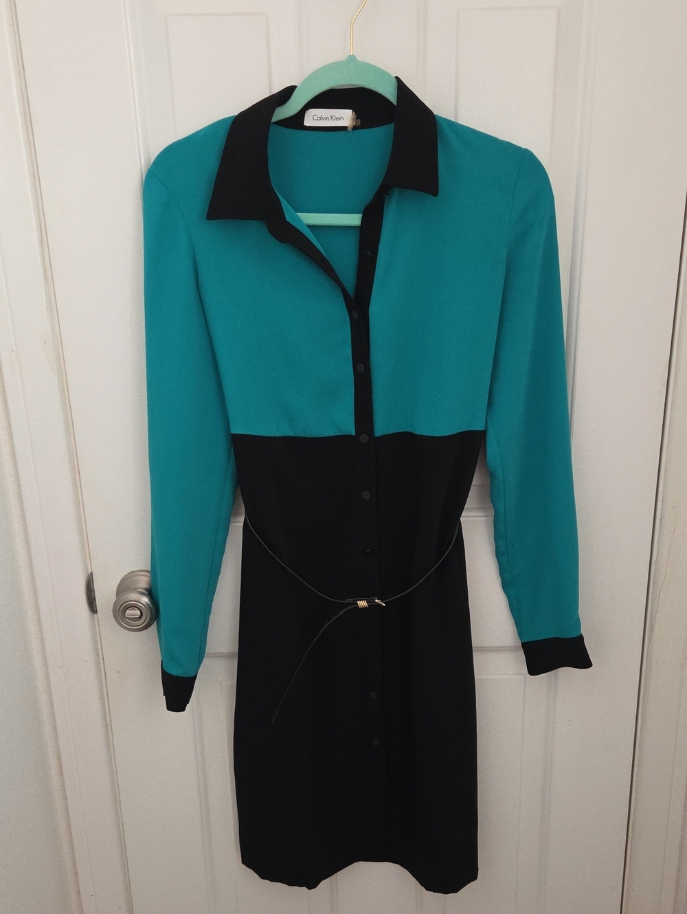 Calvin Klein Teal and Black Long Sleeve Colorblock Shirt Dress
